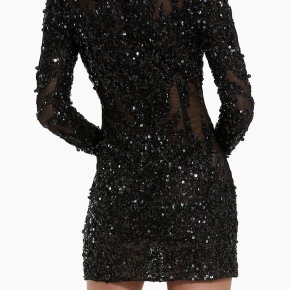 Mac Duggal Black Sequin Mesh Sheer Mini Dress Long Sleeve V Neck Party Sz 12 - Picture 5 of 8